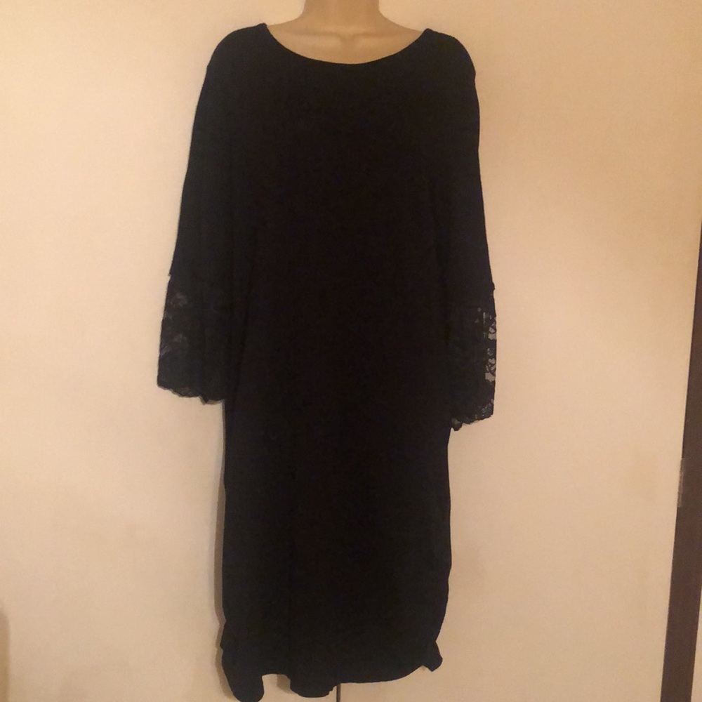 Alison Andrews rayon ruched 1x black dress 3/4 bell lace sleeve - Picture 2 of 11